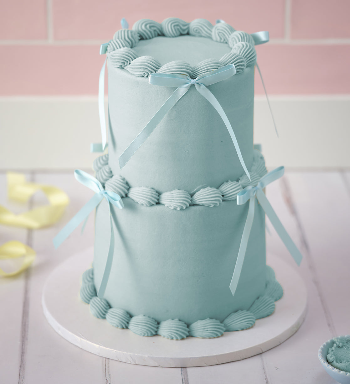 Blue Mini Two Tier Ribbons and Ruffles Cake